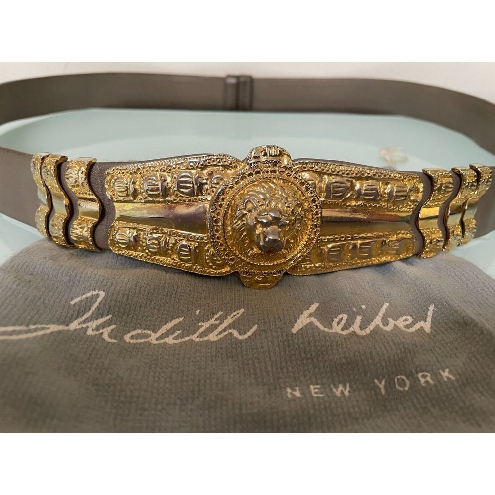 Vintage Judith Leiber Gold Medallion Lion Head Buckle  Grey Belt